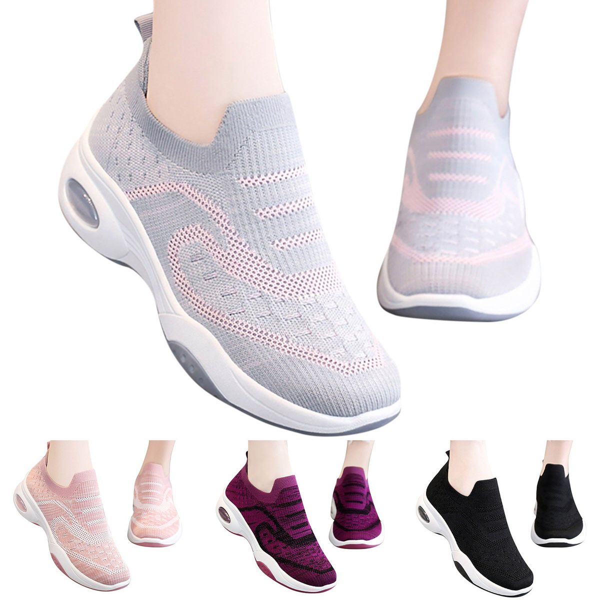 Women Stretch Casual Sneakers Walk Anti-Slip Round Toe Shoes Slip On - Grey