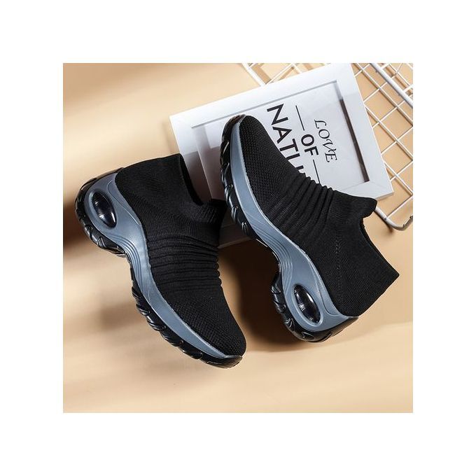 Women Stretch Casual Sneakers Walk Anti-Slip Round Toe Shoes Slip On - Black
