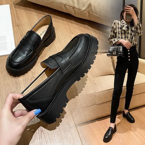 Female British Style Thick-soled Casual Loafers Genuine Leather Shoes Black