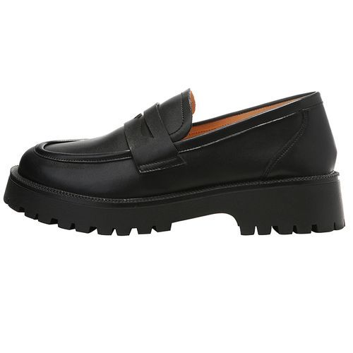 Female British Style Thick-soled Casual Loafers Genuine Leather Shoes Black