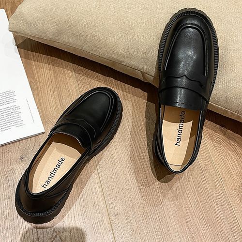 Female British Style Thick-soled Casual Loafers Genuine Leather Shoes Black