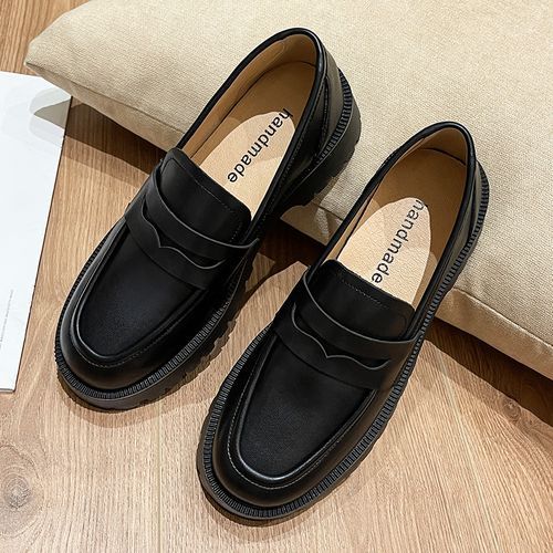 Female British Style Thick-soled Casual Loafers Genuine Leather Shoes Black