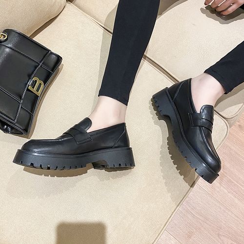 Female British Style Thick-soled Casual Loafers Genuine Leather Shoes Black