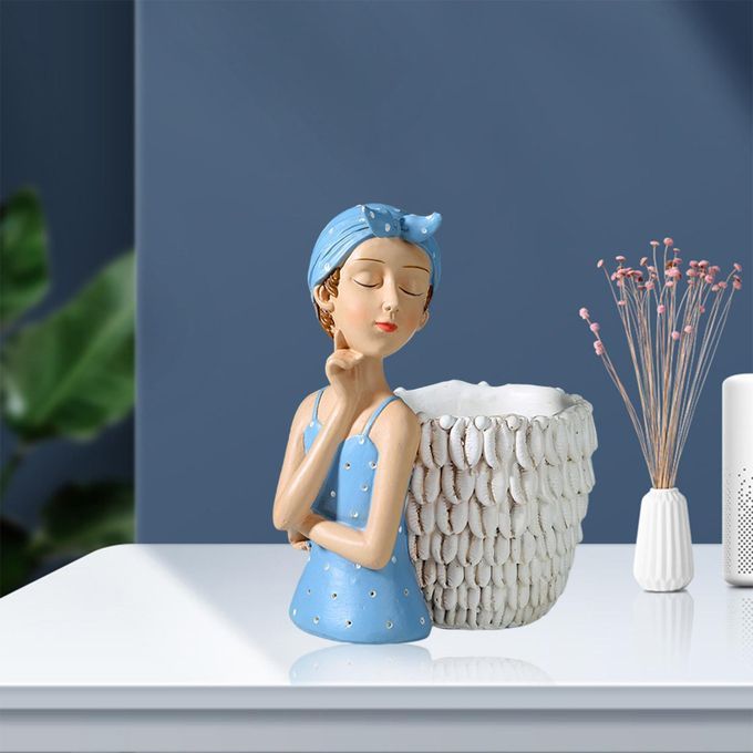 Resin Girl Figurine Artware Statue For Living Room Ornaments Blue
