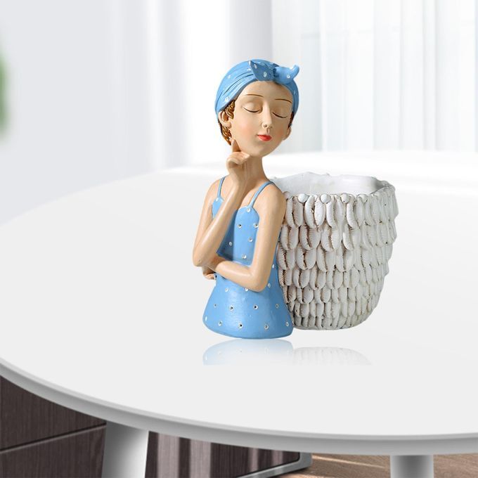 Resin Girl Figurine Artware Statue For Living Room Ornaments Blue