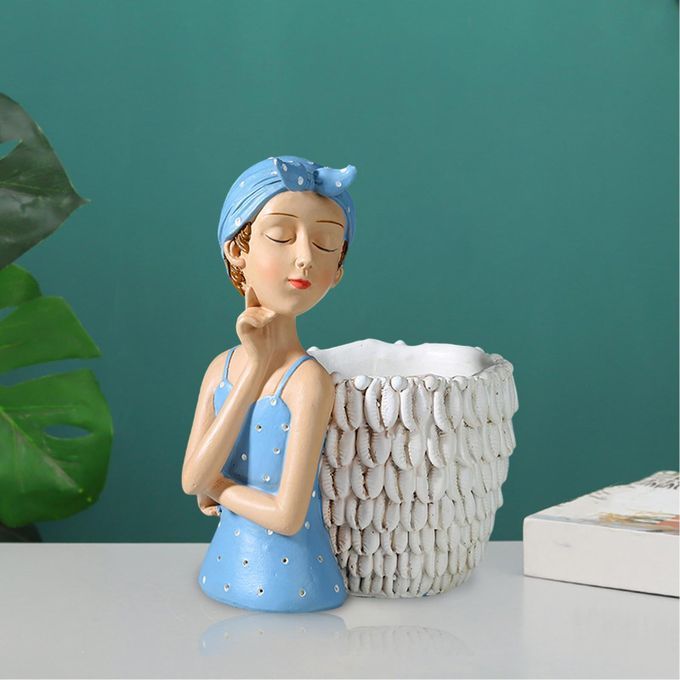 Resin Girl Figurine Artware Statue For Living Room Ornaments Blue