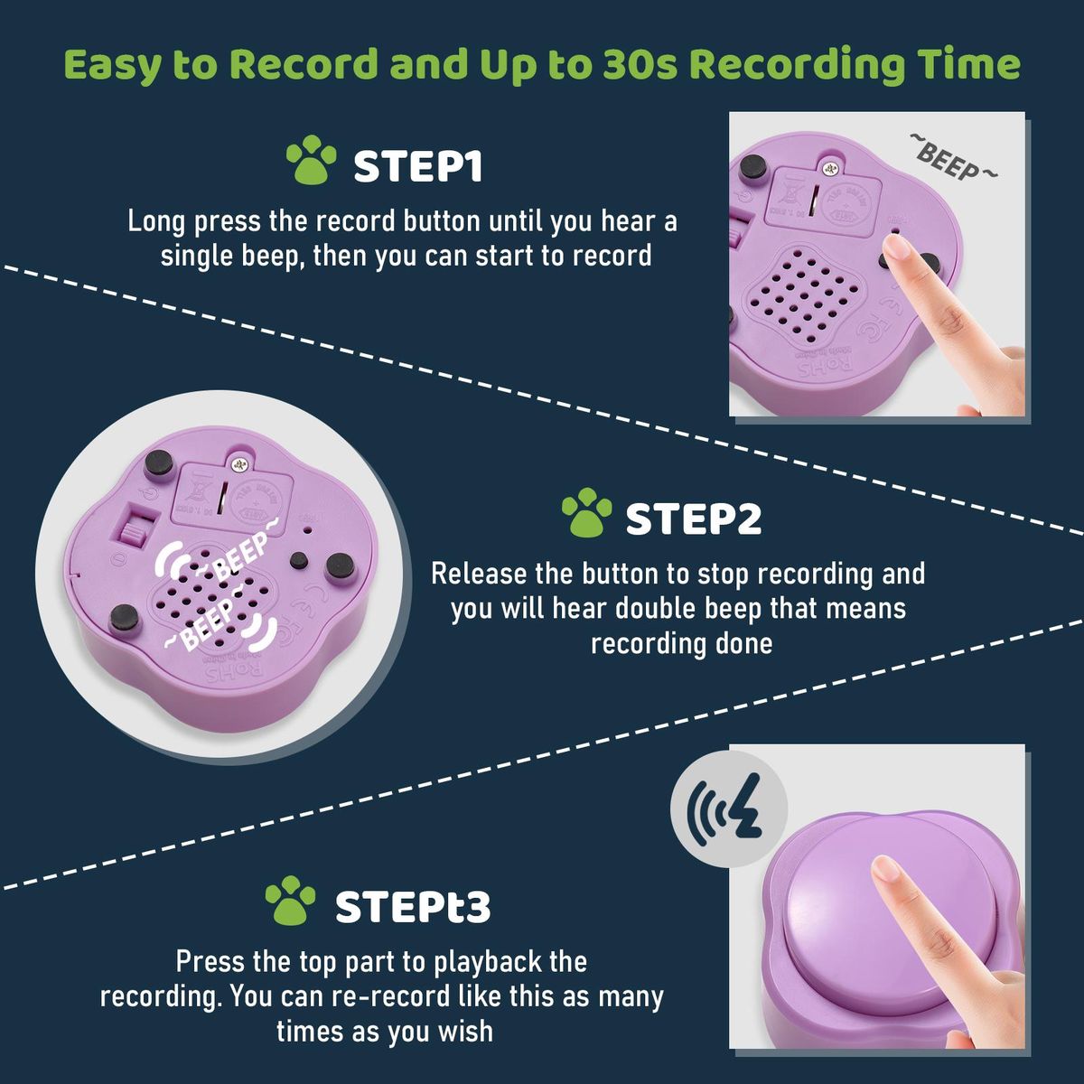 4pcs Colorful Small Voice Recording Buttons for Dog Training 30s Recording & Playback Dog Buttons for Communication Pet Training Buzzer Battery Powered Recordable Sound Buttons with Mat