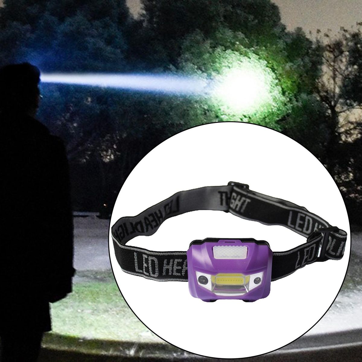 3 Modes Head Light  COB Headlight Flashlight Torch Purple