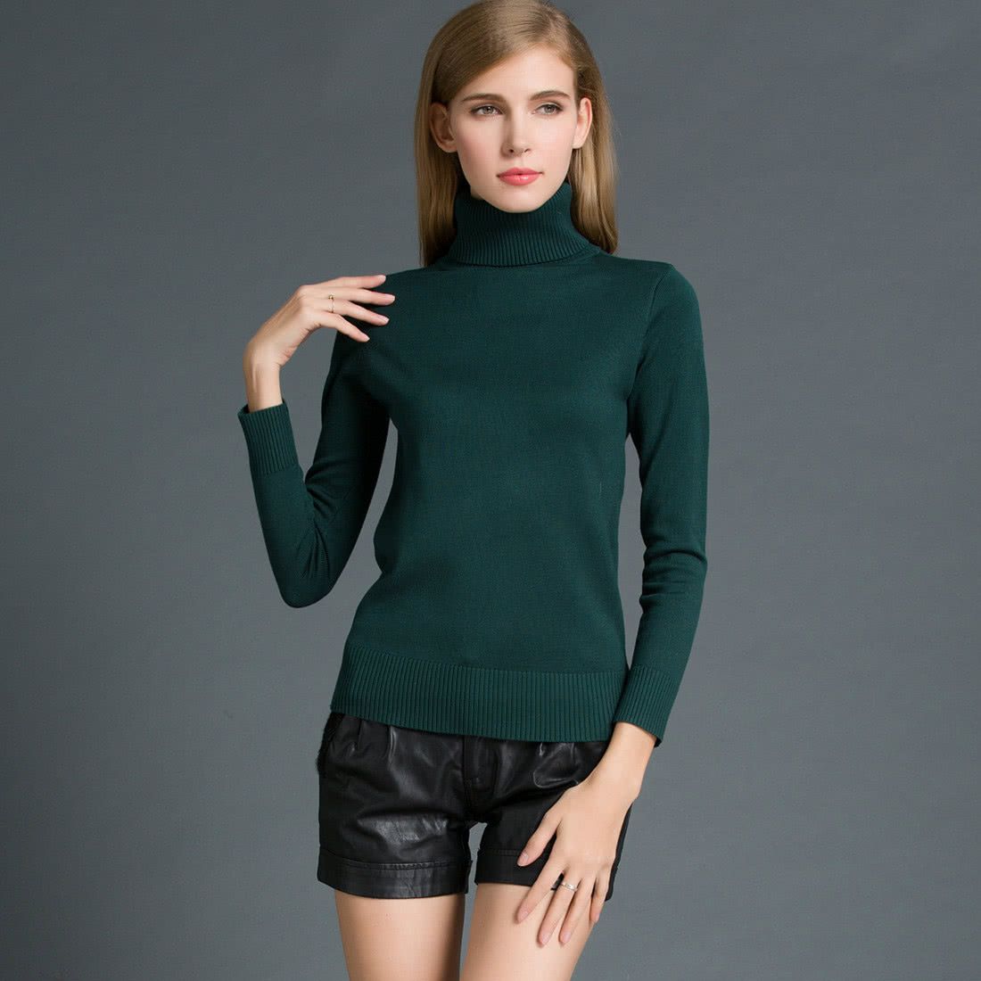 Winter Women Sweater Knitwear Turtle Neck Long Sleeves-dark Green