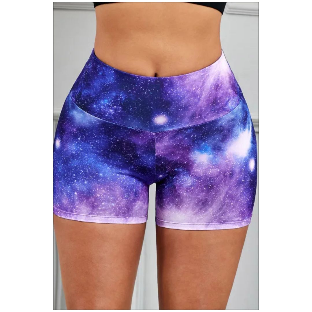 Mfed Purple Galaxy Print Booty Yoga Shorts