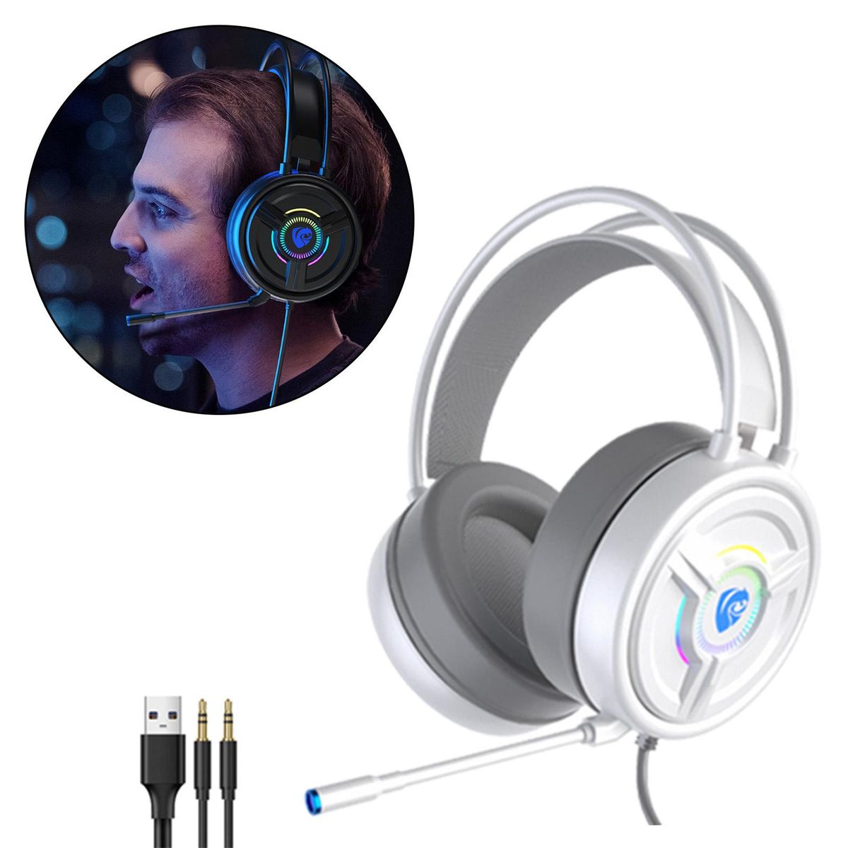 Wired Gaming Headset Over Ear Headphones Noice Cancelling W/Mic White