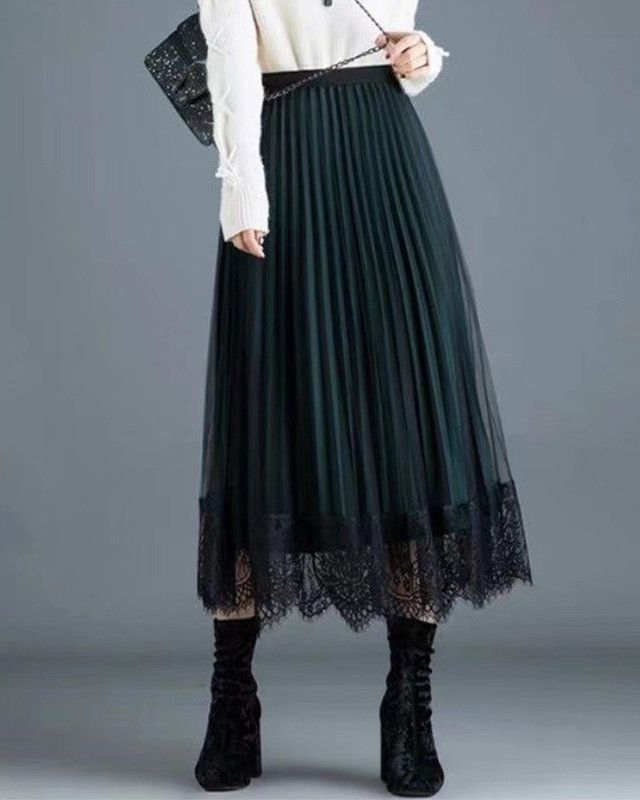 Women High Waist Pleated Long Skirt Summer Girl Casual-Green