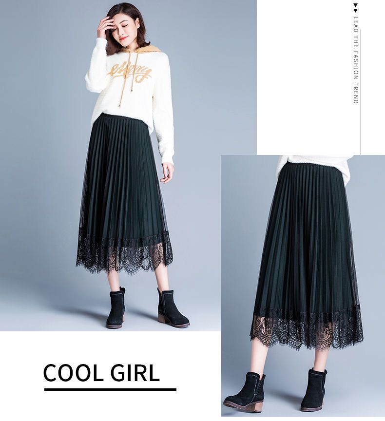 Women High Waist Pleated Long Skirt Summer Girl Casual-Green