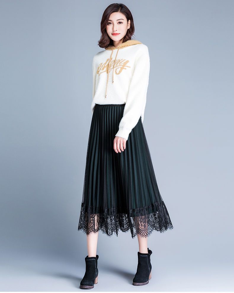 Women High Waist Pleated Long Skirt Summer Girl Casual-Green