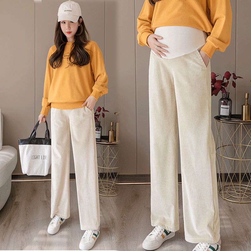 Pregnancy Abdominal Corduroy Pants Boyfriend Trousers Maternity Pants For