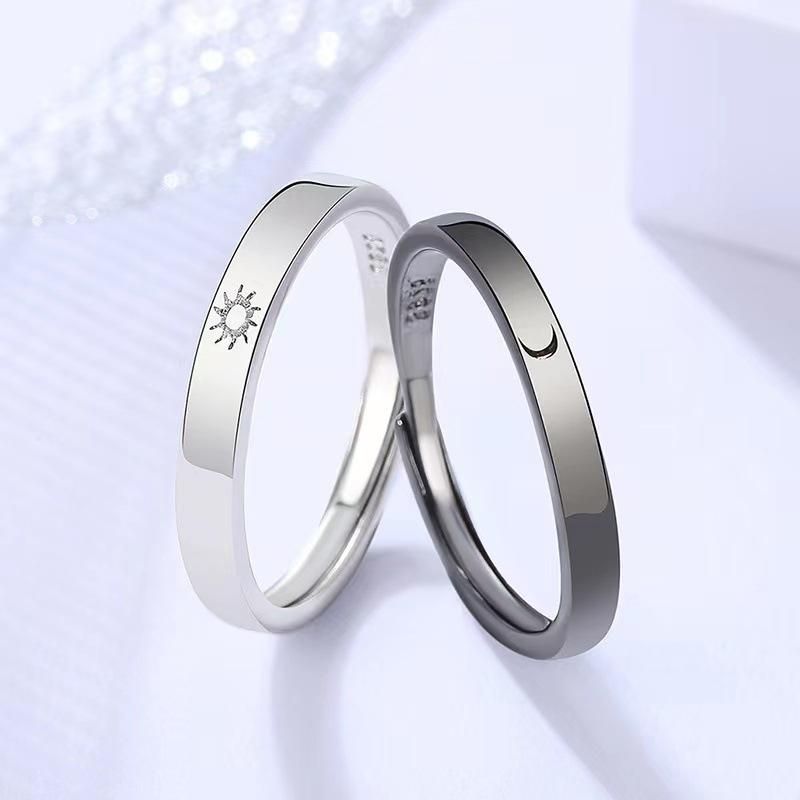 D041 Japanese and Korean fashion sun, moon and stars open ring men and women creative star and moon couple pair ring jewelry set of men and women