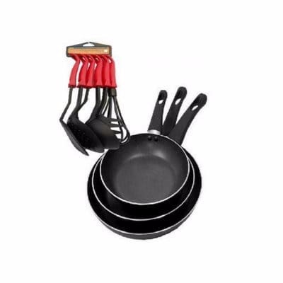 Non-Stick 3 Piece Fry Pan + 6 Pc Kitchen Cooking Tools Set