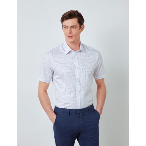 Easy Iron Pink & Blue Multi Check Slim Fit Short Sleeve Shirt