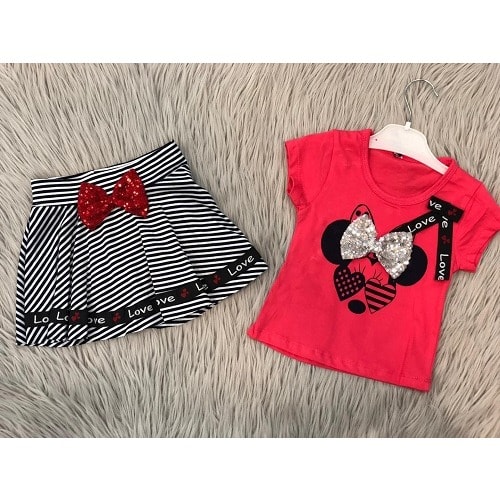 Love Bow Red Top With Black & White Stripe Skirt