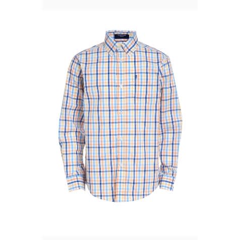 Boys Luxury Long Sleeve Checkered Striped Pocket Shirt- Blue Peach