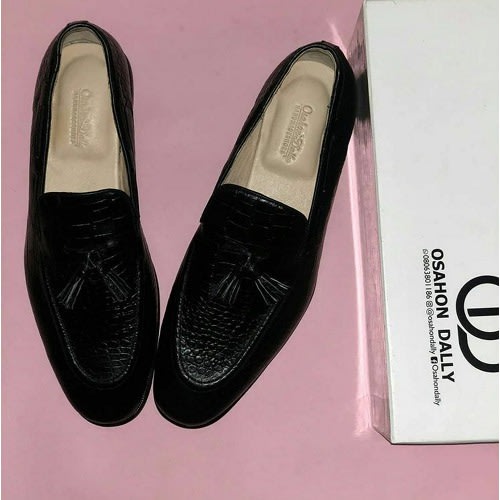 Black Croc Skin Ridge Loafers With Tassels