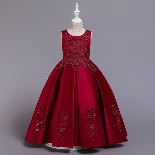 All Beaded Pleated Gown For Girls - Red