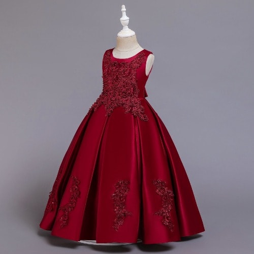 All Beaded Pleated Gown For Girls - Red