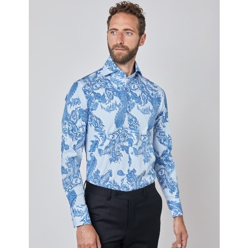 Men's Light Blue & Dark Blue Paisley Stretch Slim Fit Shirt - High Collar