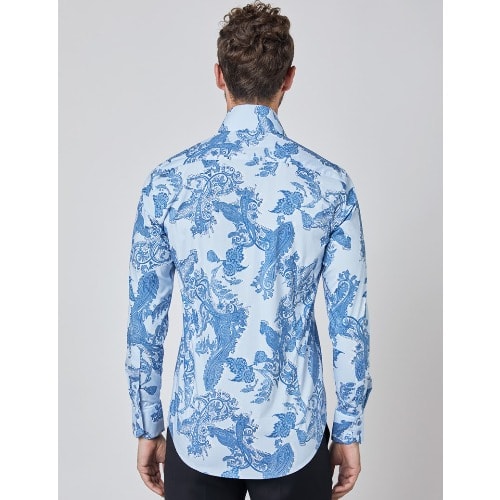 Men's Light Blue & Dark Blue Paisley Stretch Slim Fit Shirt - High Collar