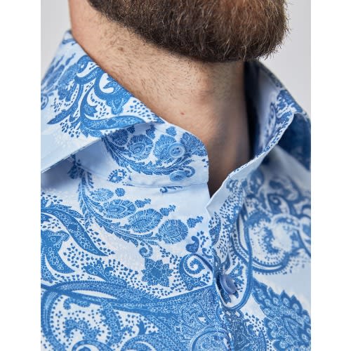Men's Light Blue & Dark Blue Paisley Stretch Slim Fit Shirt - High Collar