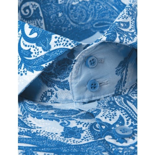 Men's Light Blue & Dark Blue Paisley Stretch Slim Fit Shirt - High Collar