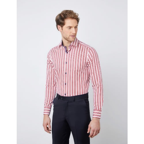 Men's White & Red Stripes Relaxed Slim Fit Shirt - Medium Collar