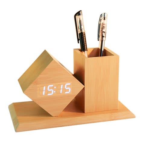 Digital Wooden Clock With Pen Holder.
