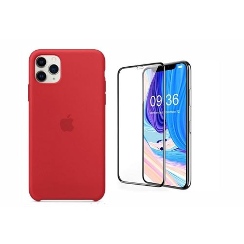 iPhone 11 Silicon Case + Free Tempered Glass-Red