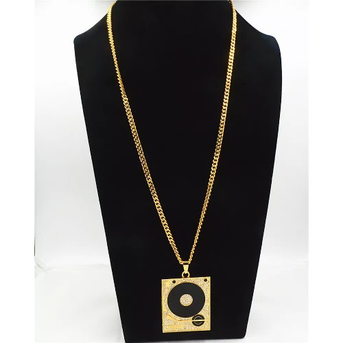 Rapper Nightclub Dj Phonograph Round & Squared Crystal Pendant - Gold