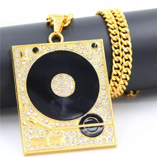 Rapper Nightclub Dj Phonograph Round & Squared Crystal Pendant - Gold