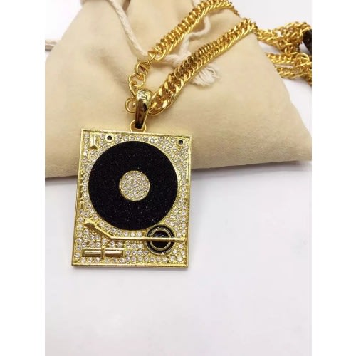 Rapper Nightclub Dj Phonograph Round & Squared Crystal Pendant - Gold