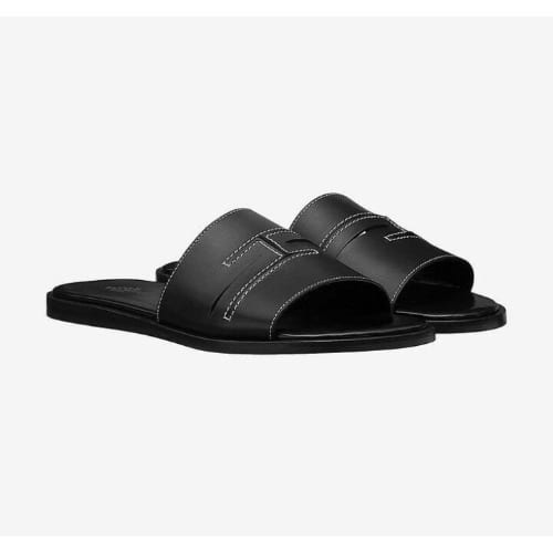 Black Leather H Sew Male Slippers