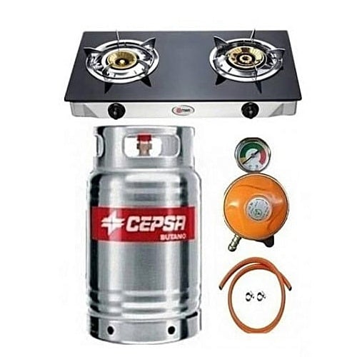 Stainless Gas Cylinder, 2 Burner Glass Cooker, 4 Yards Hose, Meter Regulator, And Clips.