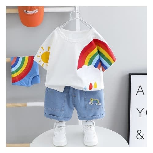 Boy Rainbow Sleeve Tshirt And Short - White/blue