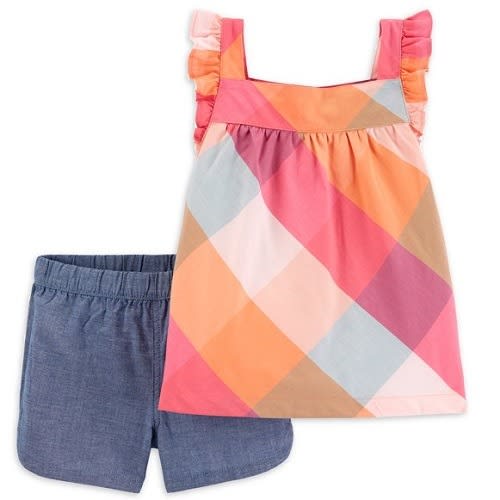 Child Of Mine Girls Flutter Sleeve Top & Shorts - Outfit Set- Plaid