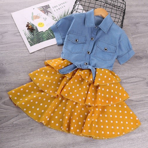 2 Piece Polka Dot Dress And  Denim Top - Yellow