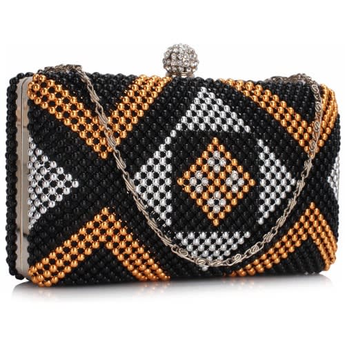 Black / Gold Beaded Rhinestone Clutch Bag