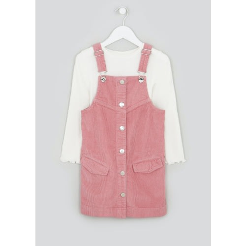 Girls Pink Cord Pinafore And T-shirt