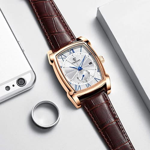 Men's Leather Gold Shell Wristwatch - Brown