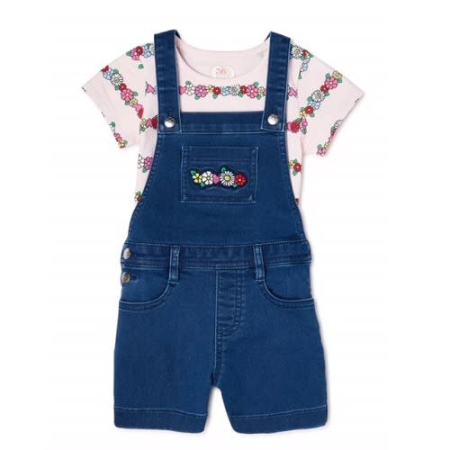 Kids Girls Printed T-shirt & Pinafore Overall Shortall – Faux Denim