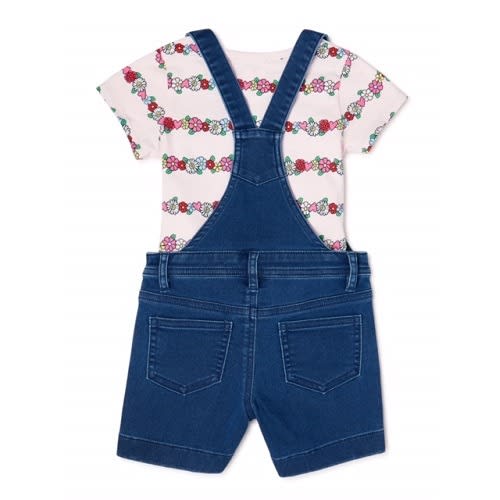 Kids Girls Printed T-shirt & Pinafore Overall Shortall – Faux Denim