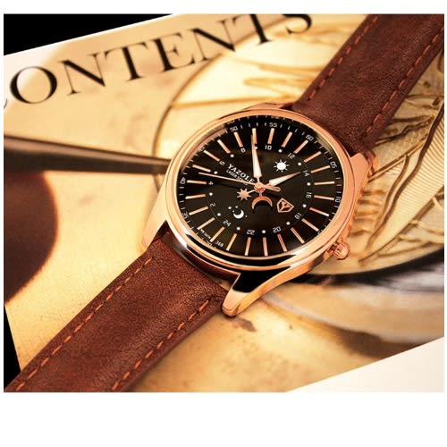 Men Brown Leather Waterproof Business Wristwatch