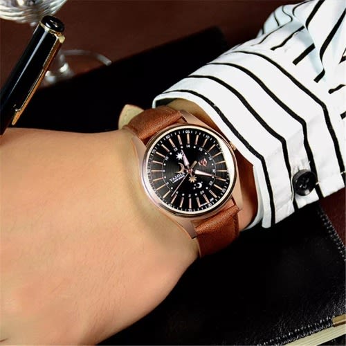 Men Brown Leather Waterproof Business Wristwatch