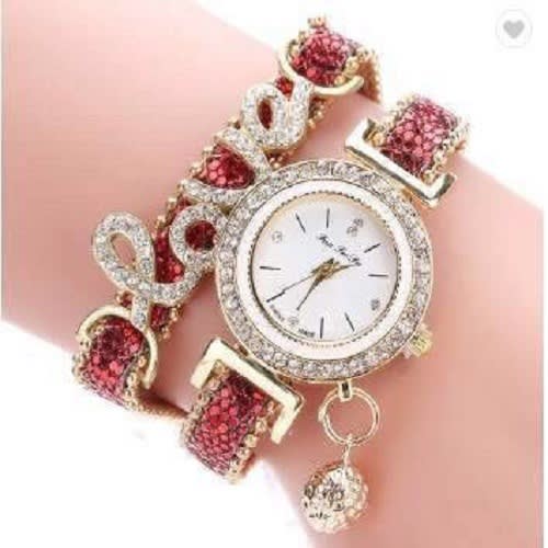 Love Word Leather Strap Ladies Bracelet Watch - Red